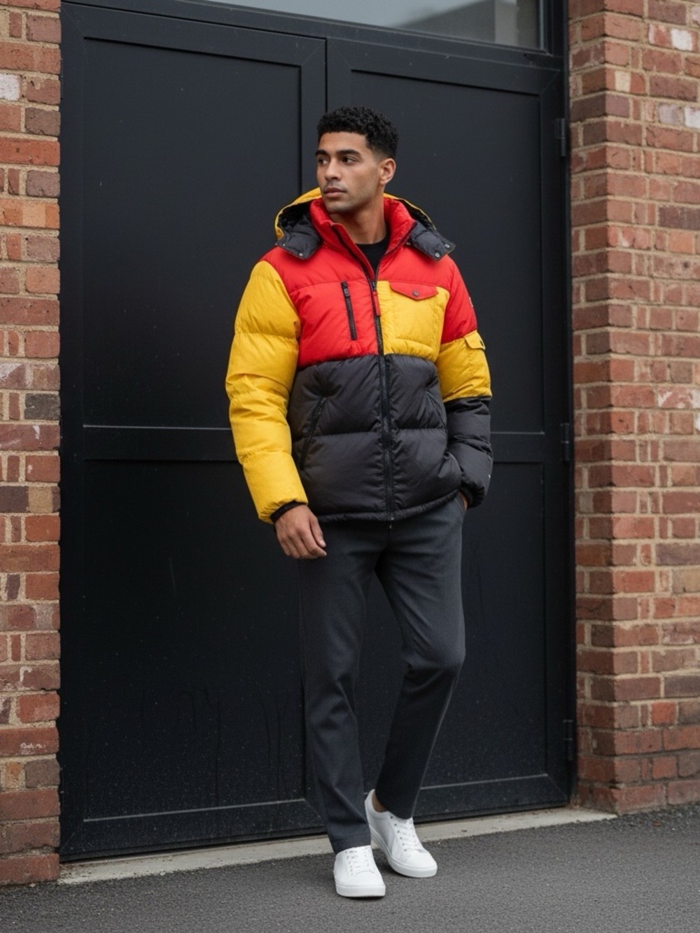 Reason NYC Mens S Puffer Jacket Colorblock Hooded Red Yellow Black Streetwear